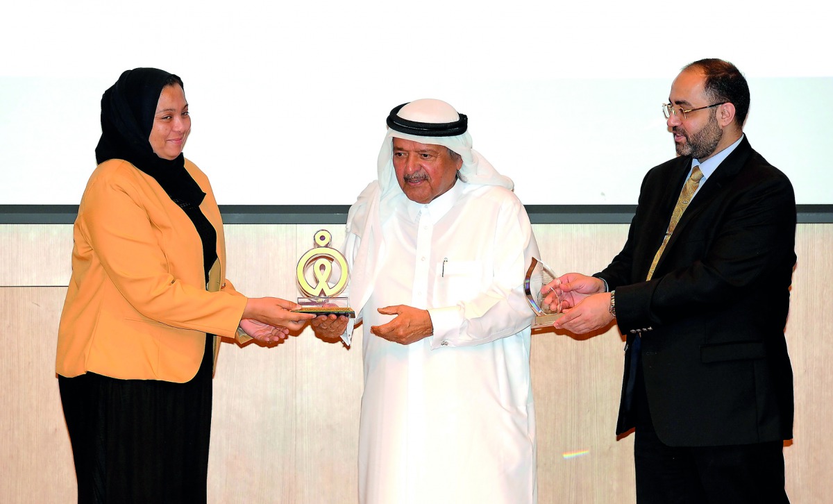 ALF Founder Sheikh Faisal bin Qassim Al Thani (centre), presenting a Tawasoul award to the head of one of the institutions yesterday in the presence of Ali Talal Al Marie, The Executive Director at ALF. Pic: Salim Matramkot / The Peninsula