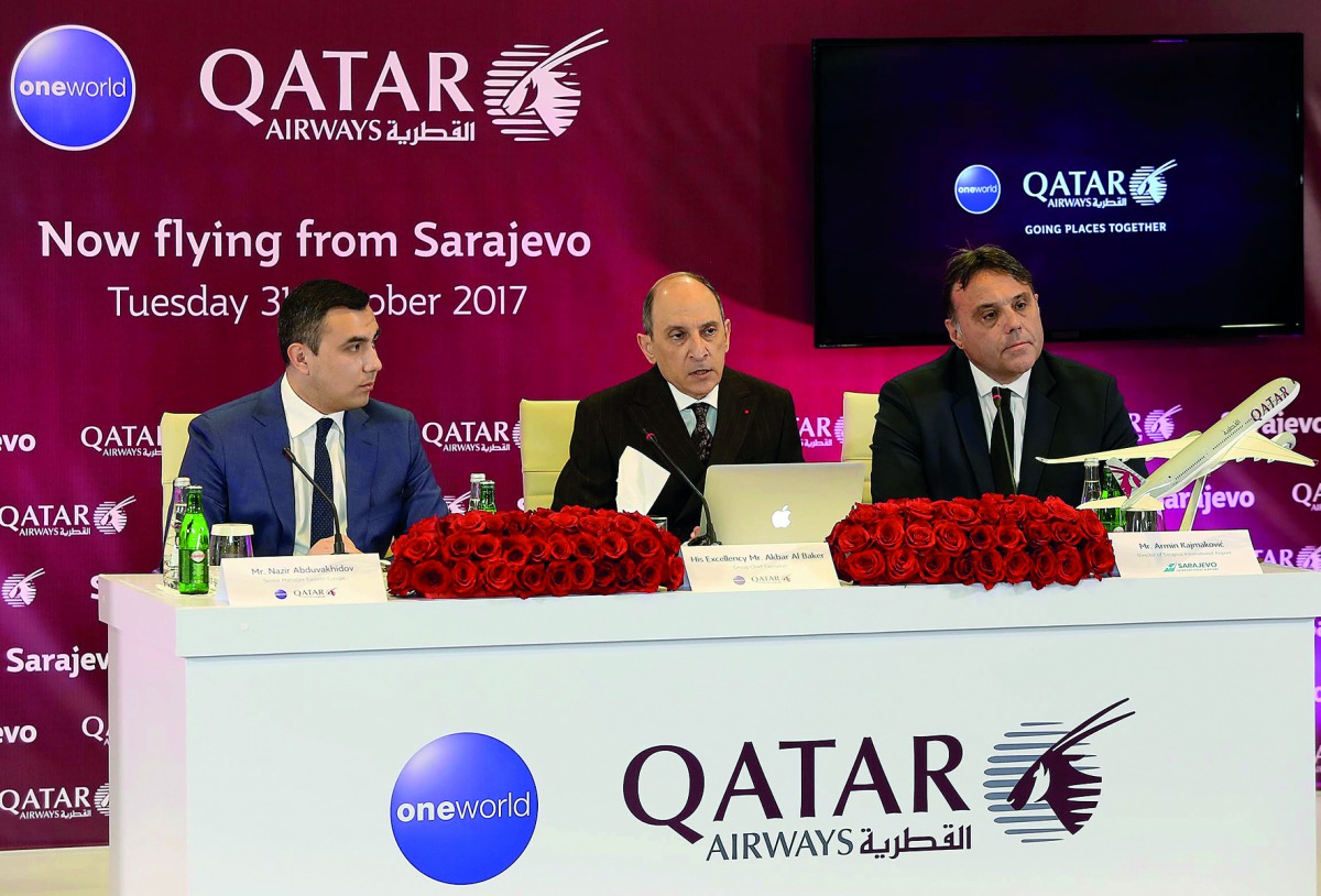 Qatar Airways Group Chief Executive Akbar Al Baker (centre), the Ambassador of Bosnia and Herzegovina to Qatar, Tarik Sadovi?, and Armin Kajmakovi? of Director Sarajevo International Airport, at a press conference yesterday in Sarajevo. 