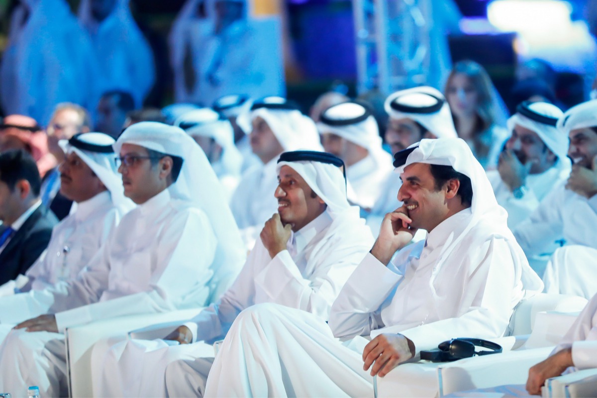 Emir H H Sheikh Tamim bin Hamad Al Thani at the celebration of Al Jazeera Media Network marking its 21st anniversary at the network’s headquarters yesterday.  