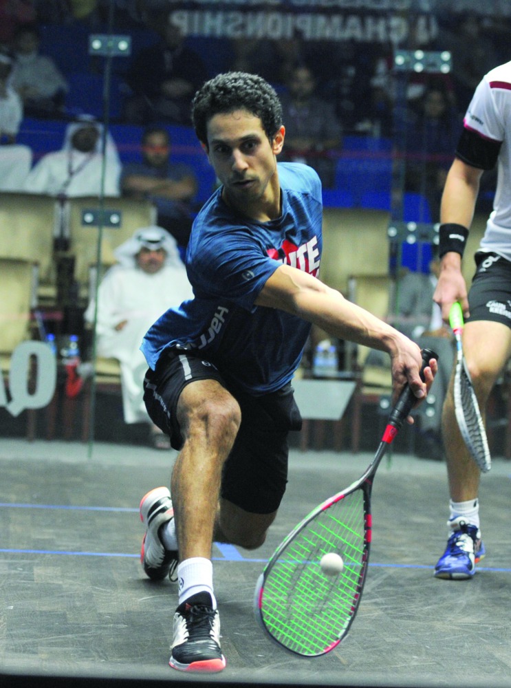Egypt’s Tarek Momen in action during the semi-finals of the Qatar Classic Squash Tournament at the Khalifa International Tennis and Squash Complex yesterday. Picture: Anvar Sadat