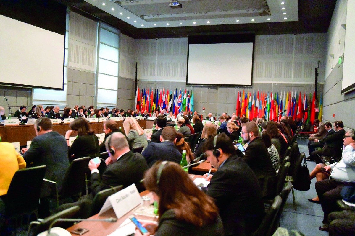 Participants at the meeting of the Organization on Security and Cooperation in Europe (OSCE) in Vienna. 