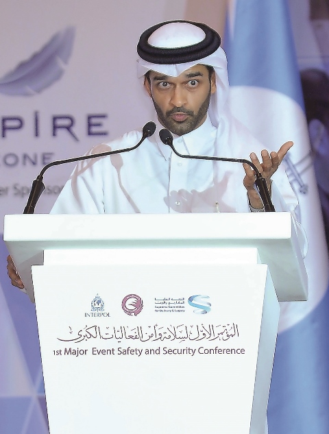 Hassan Al Thawadi, Secretary-General of Supreme Committee for Delivery a Legacy, speaks during the 1st Major Event Safety and Security Conference at St. Regis Hotel yesterday. Pic: Baher Amin / The Peninsula 