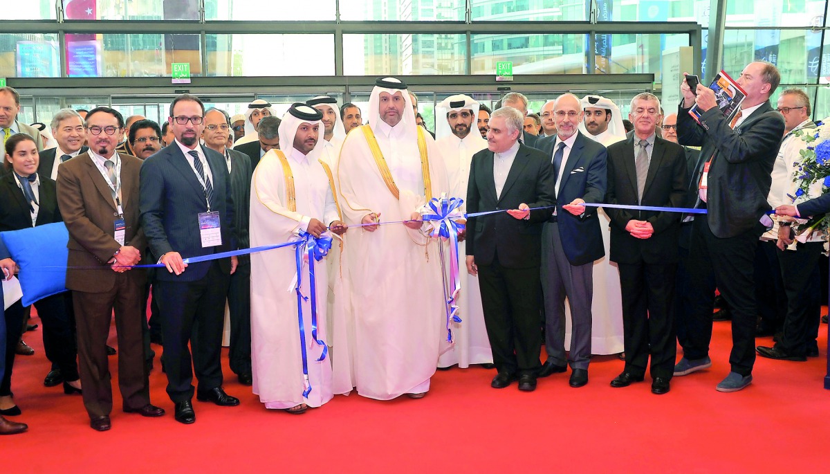 Minister of Economy and Commerce H E Sheikh Ahmed bin Jassim Al Thani with other officials cutting the ceremonial ribbon to open the Hospitality Qatar 2017 at DECC yesterday. Pic: Kammutty VP / The Peninsula