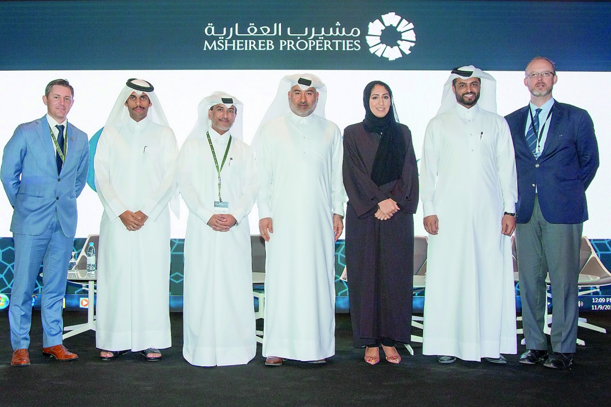Abdulla Hassan Al Mehshadi (centre), CEO of Msheireb Properties; Aysha Al Mudhahka (third right), CEO of Qatar Business Incubation Centre; and other officials at the Msheireb Properties’ sixth Annual Risk Management Forum at Bin Jelmood House part of Mshe