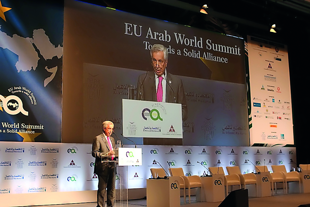 Minister of State for Foreign Affairs H E Sultan bin Saad Al Muraikhi at the EU-Arab World Summit in Athens.