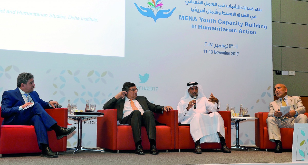 FROM LEFT: Dr Sultan Barakat, Rashid Khalikov, Dr Ahmed Al Miraikhi, and Dr Hani Al Banna at the Rota’s MENA Youth Capacity Building in Humanitarian Action training yesterday. Pic: Kammutty VP / The Peninsula