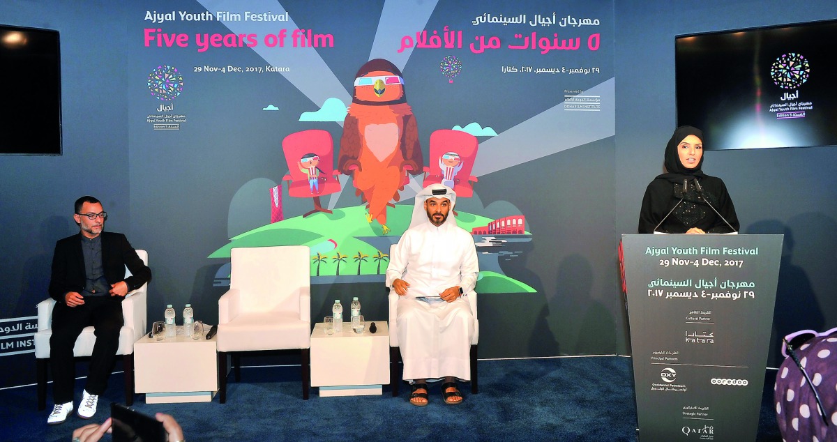 Festival Director and Chief Executive Officer of the DFI, Fatma Al Remaihi (right), Chief Administrative Officer, Abdulla Al Musallam, and DFI Senior Programmer, Chadi Zeneddine (left), at the press conference for the 5th Edition of the Ajyal Youth Festiv