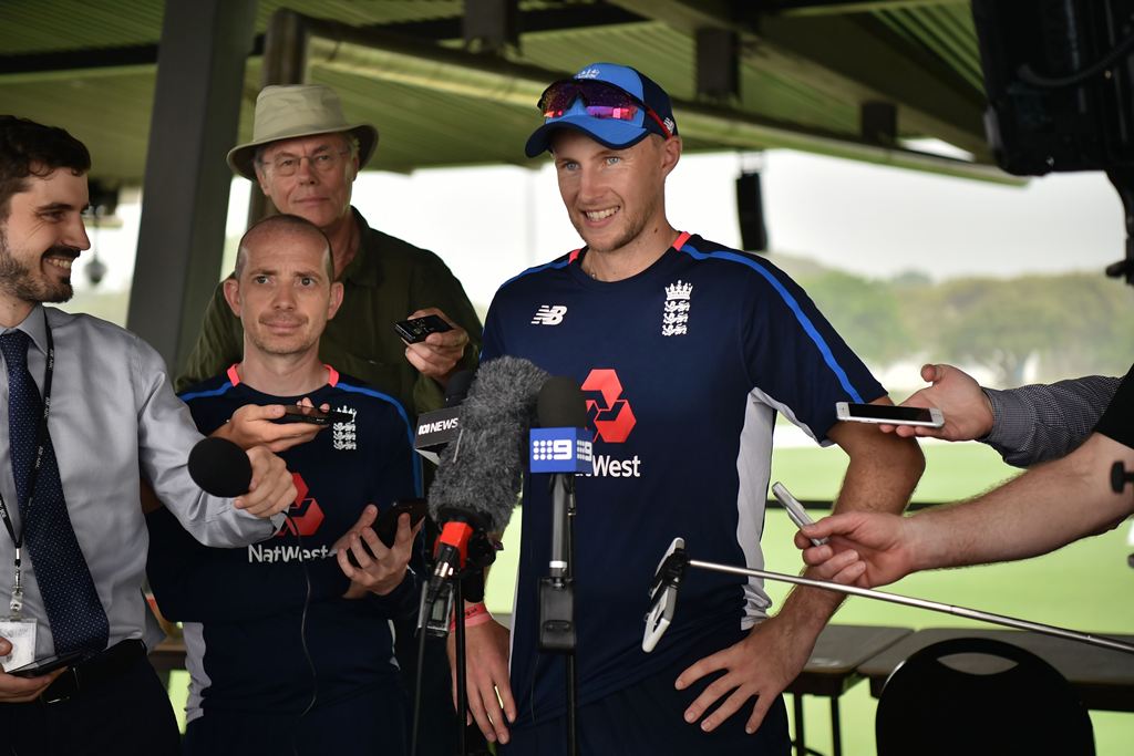 England cricket captain Joe Root speaks to the media after a training session in Townsville on November 14, 2017. England will play a Cricket Australia XI in Townsville ahead of their first Ashes Test. (AFP / PETER PARKS)