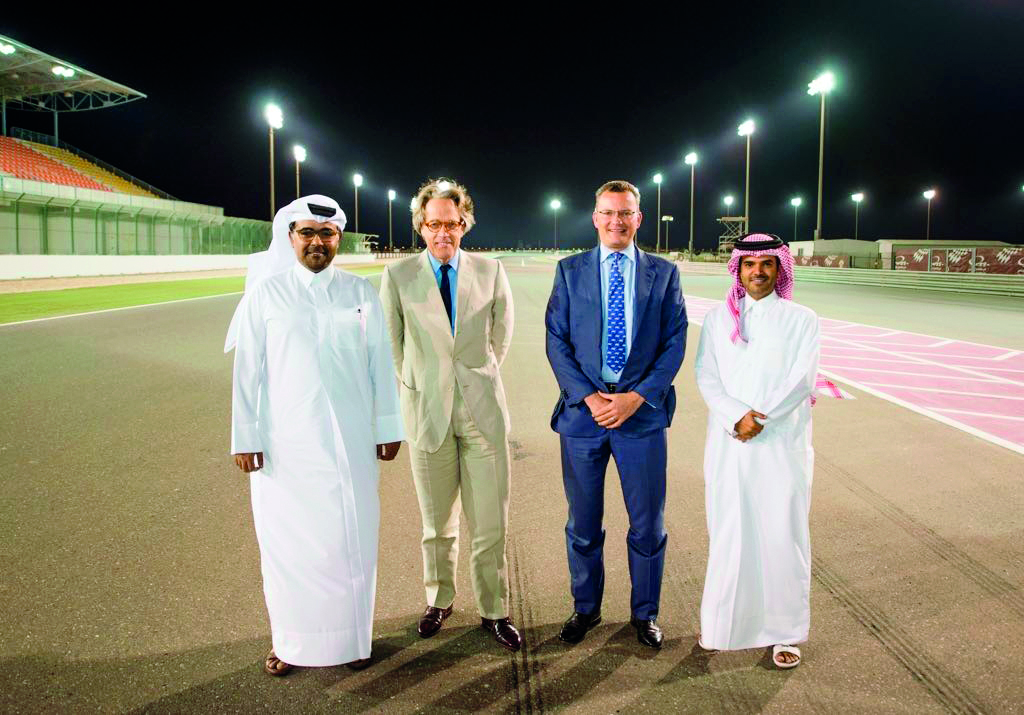 Charles Gordon-Lennox, the 11th Duke of Richmond and founder of the Goodwood Festival of Speed, poses for a picture along with QMMF President Abdul Rahman Al Mannai and Vice-President of Losail Circuit Sports Club (LCSC) Khalid Al Remaihi during his visit