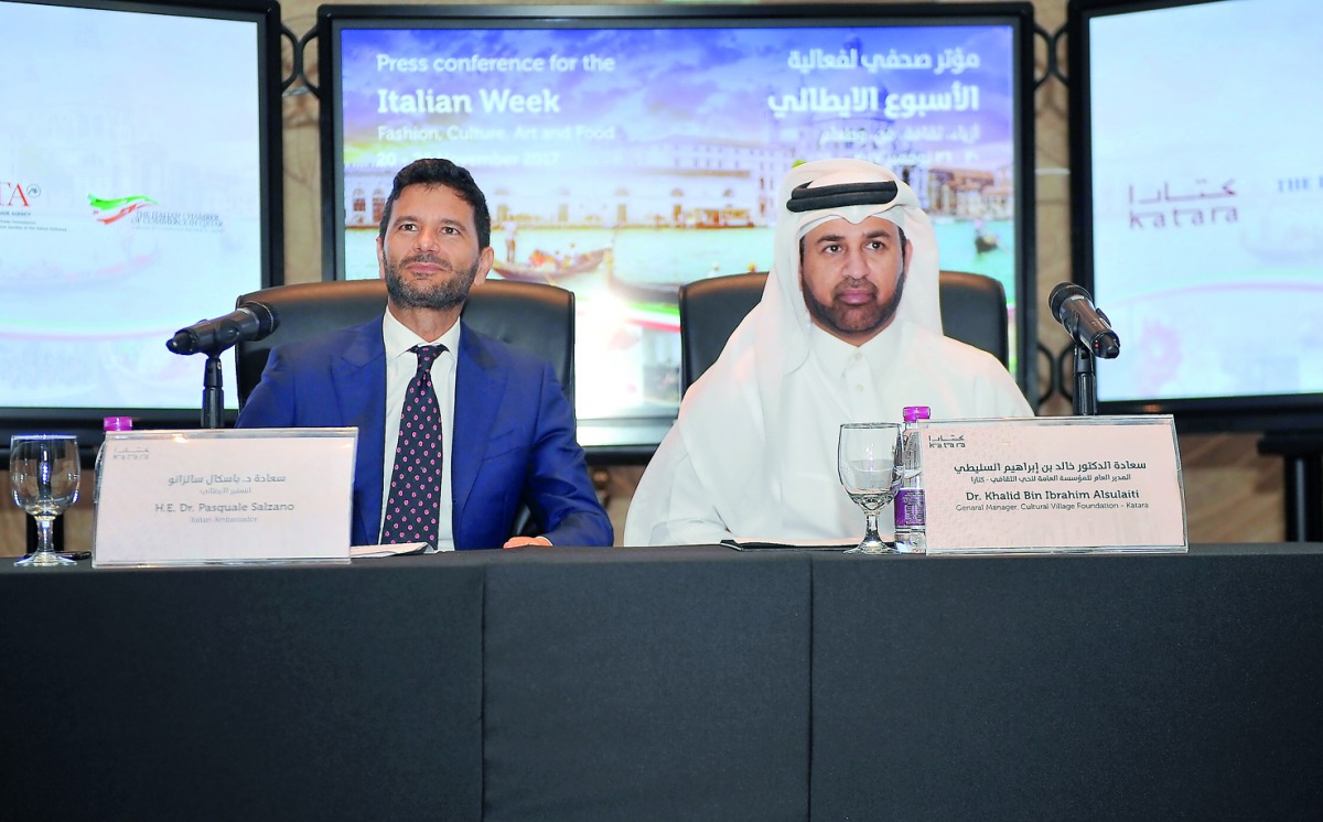 Pasquale Salzano, Italian Ambassador to Qatar and Dr. Khalid Al Sulaiti, General Manager of Katara during the press conference on the Italian Week which took place at Katara yesterday. Pic: Baher Amin / The Peninsula