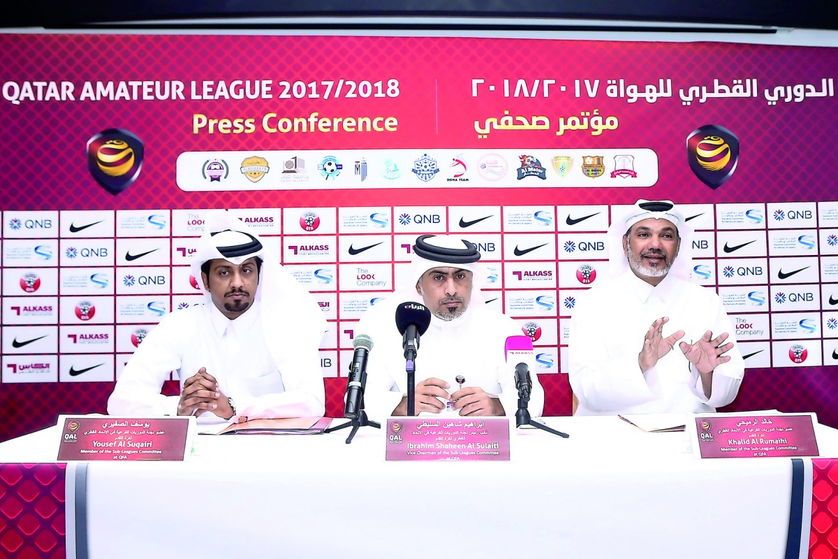 Vice Chairman of the Sub-Leagues Committee, Ibrahim Shaheen Al Sualiti (centre) and members of the Qatar Football Association (QFA) Sub-Leagues Committee, Yousef Al Suqairi  (left) and Khalid Al Rumaihi addressing the gathering during a press conference h