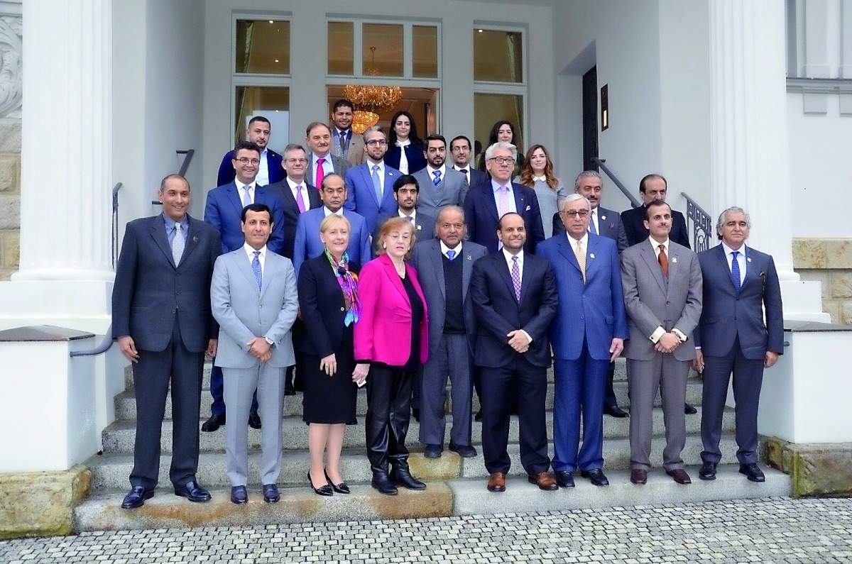 Sheikh Dr Khalid bin Thani Al Thani (standing second right), QBA’s Second Deputy to the Chairman; and Hussein Al Fardan (standing third right), First Deputy to the Chairman at QBA with German dignitaries in Berlin, yesterday.
