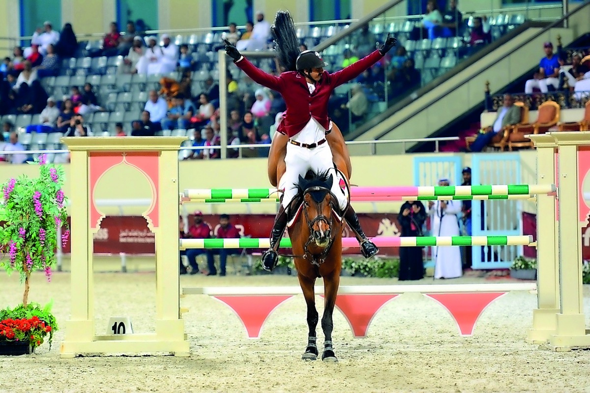 Qatari rider Sheikh Ali bin Khalid Al Thani celebrates on First Devision during the 160cm class - part of the FEI World Cup qualifying leg on day-three of the QNB Qatar International Show Jumping Championship at QEF’s Outdoor Arena yesterday. (Pic: Pictur