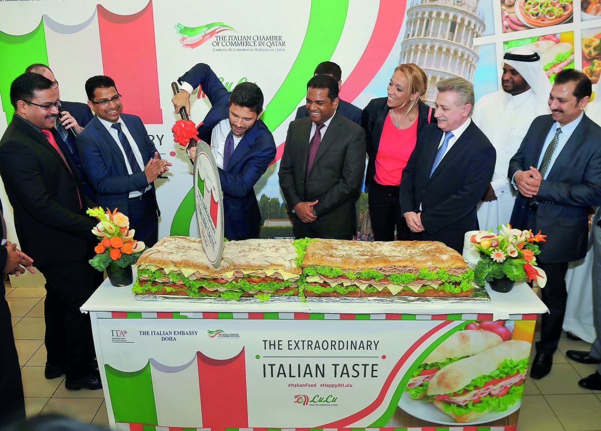Ambassador of Italy to Qatar, Pasquale Salzano; Italian Trade Commissioner to Qatar, Giosafat Rigano, and Mohamed Althaf, Regional Director of Lulu Hypermarket, with other officials at the launch of Italian Taste Festival at Lulu Hypermarket in Al Gharafa
