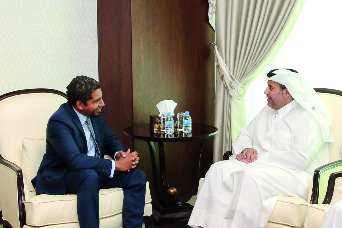 Minister of Economy and Commerce H E Sheikh Ahmed bin Jassim bin Mohamed Al Thani with Saint Vincent and the Grenadines Minister of Economic Planning and Sustainable Development, Camillo Gonsalves.