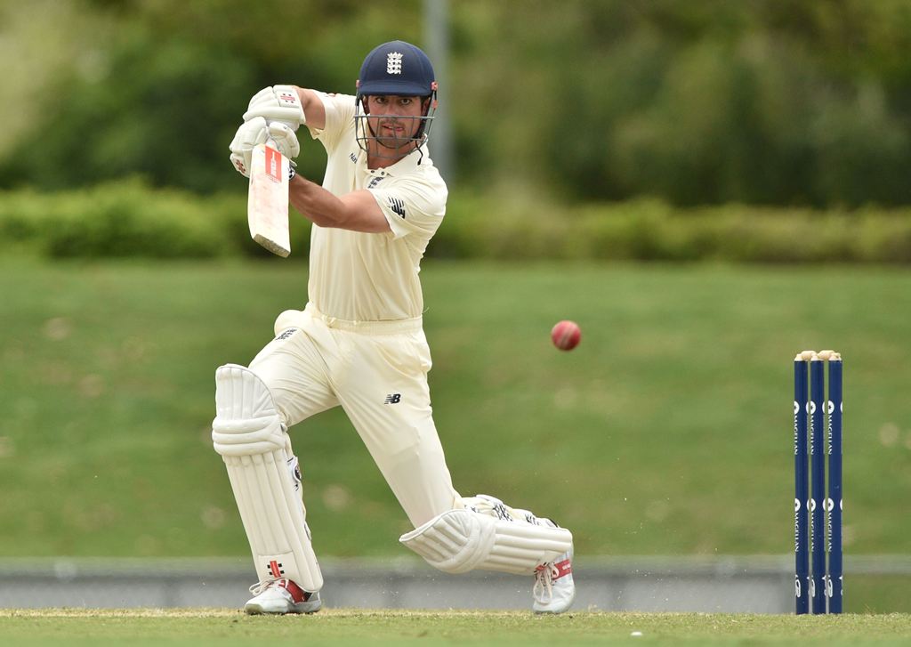 This file photo shows England opener Alastair Cook playing a shot against Cricket Australia XI on the second day of a four-day Ashes tour match at the Tony Ireland Stadium in Townsville. (AFP / Peter PARKS)