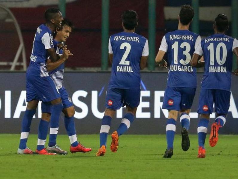Bengaluru FC players celebrating a goal. (Pic: ISL)