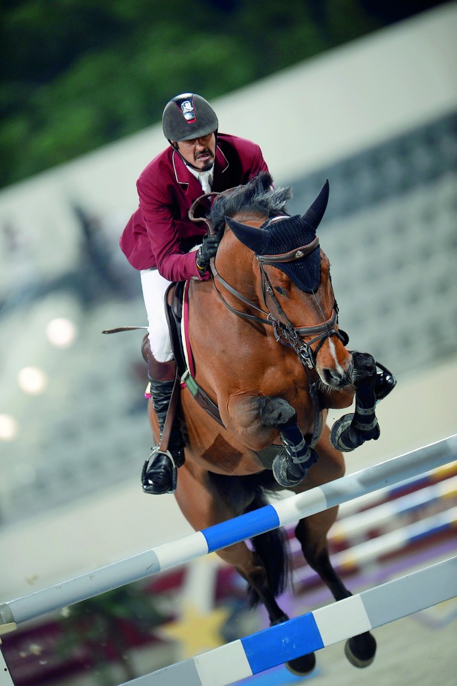 Sheikh Ali bin Khalid Al Thani  is seen in action during his victorious ride with First Devision at last week’s QNB Qatar International Show Jumping Championship. 