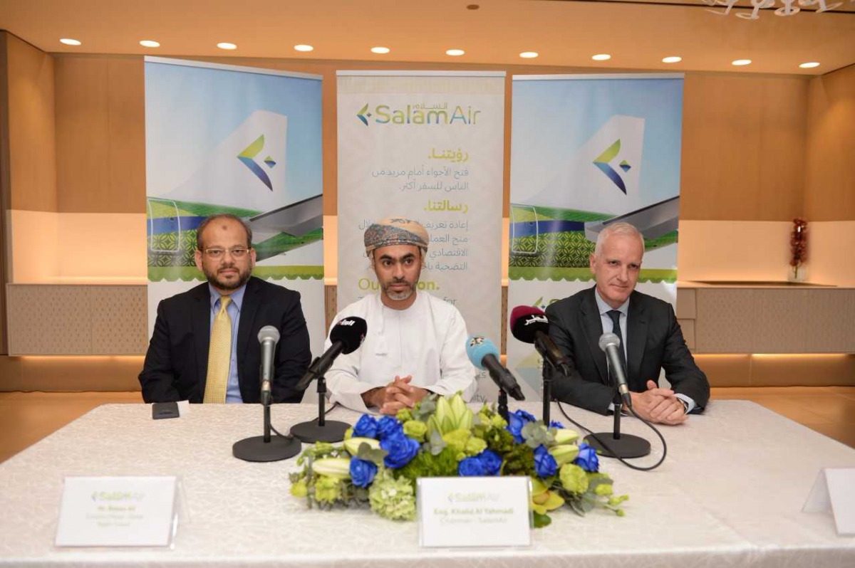 Khalid Al Yahmadi (centre), Chairman of SalamAir; Ioannis Metsovitis (right), Vice-President Operations at Hamad International Airport (HIA); and Rehan Ali Syed, Country-Head (Qatar) at Najm Travel, addressing a press conference at HIA to announce the arr