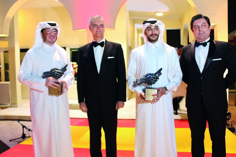 FROM LEFT: Fahad Al Kaabi, CEO of Manateq; Ignacio Escobar, Spain’s Ambassador to Qatar and Sheikh Nasser bin Nawaf Al Thani pose after winning the awards at the ‘Friends of Spain’ awards ceremony.