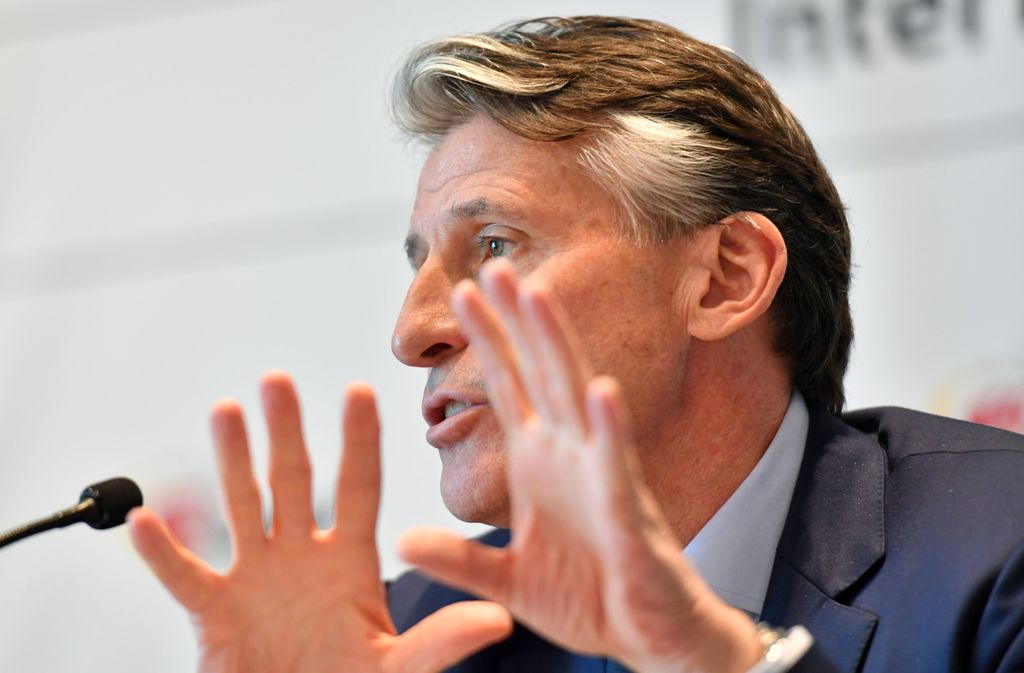 International Association of Athletics Federations (IAAF) President Sebastian Coe gestures as he addresses a press conference in Monaco on November 26, 2017.  AFP / YANN COATSALIOU
