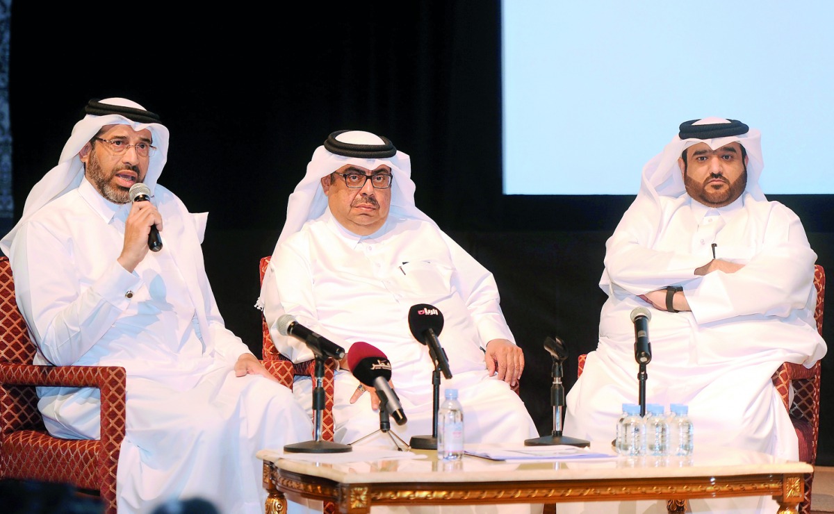 Ibrahim Al Sayed (centre), Director of Doha Book Fair; Ibrahim Al Sada (left) from Qatari Authors’ Forum; and Abdulrahman Al Hajri, Director of the Youth Affairs Department of the Ministry of Culture and Sports; during the Press conference of Doha Book fa