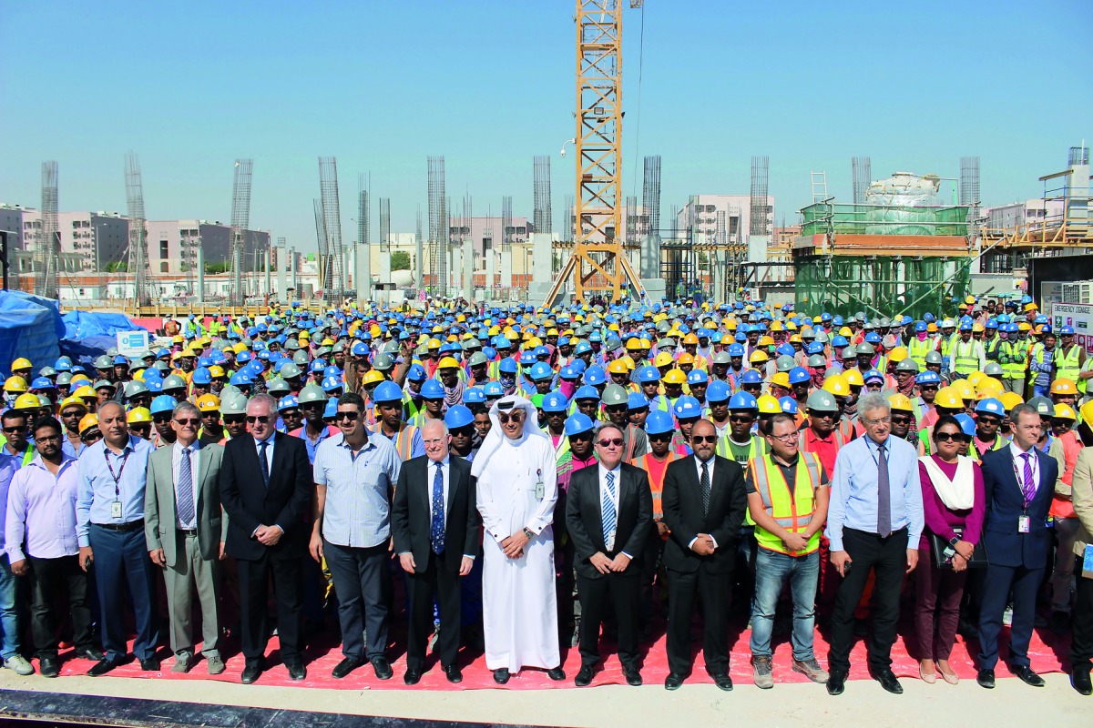 Qatar Airways Oryx International School board members, construction company management and staff during a meeting  to acknowledge the achievement of on-time construction and safety performance milestones on the construction of its brand new school campus.