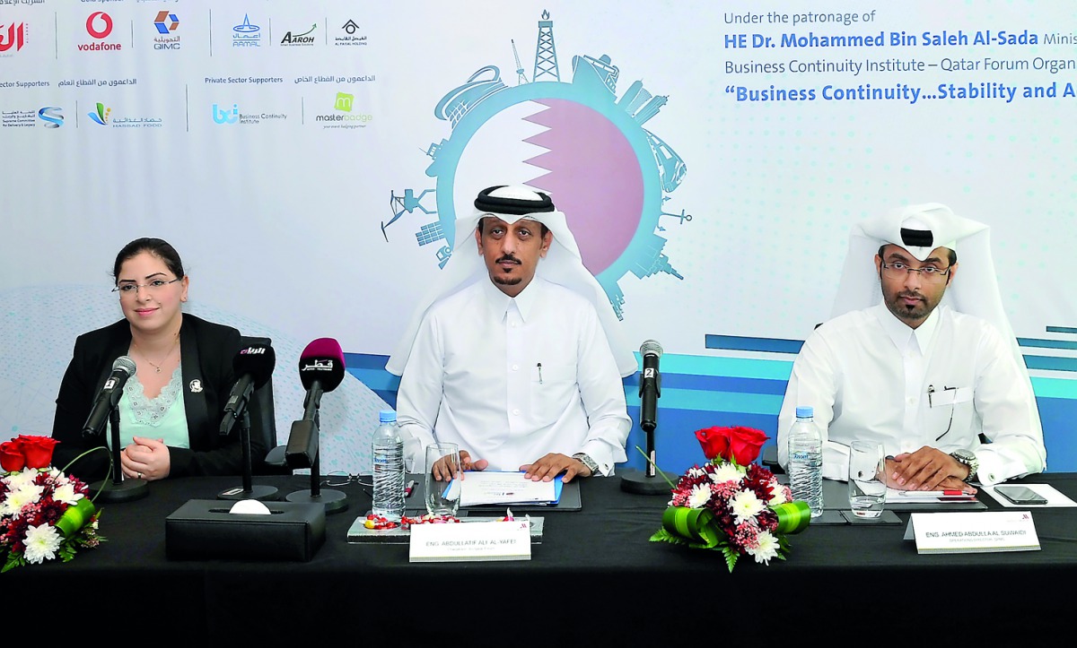 Abdullatif Ali Al Yafei (centre), Chairperson of Qatar Business Continuity Forum; Ahmed Abdulla Al Suwaidi (right) , Acting Operations Director at QPMC; and Sarah Abdullah, Deputy General Manager, Qatari Businessmen Association at the press conference hel