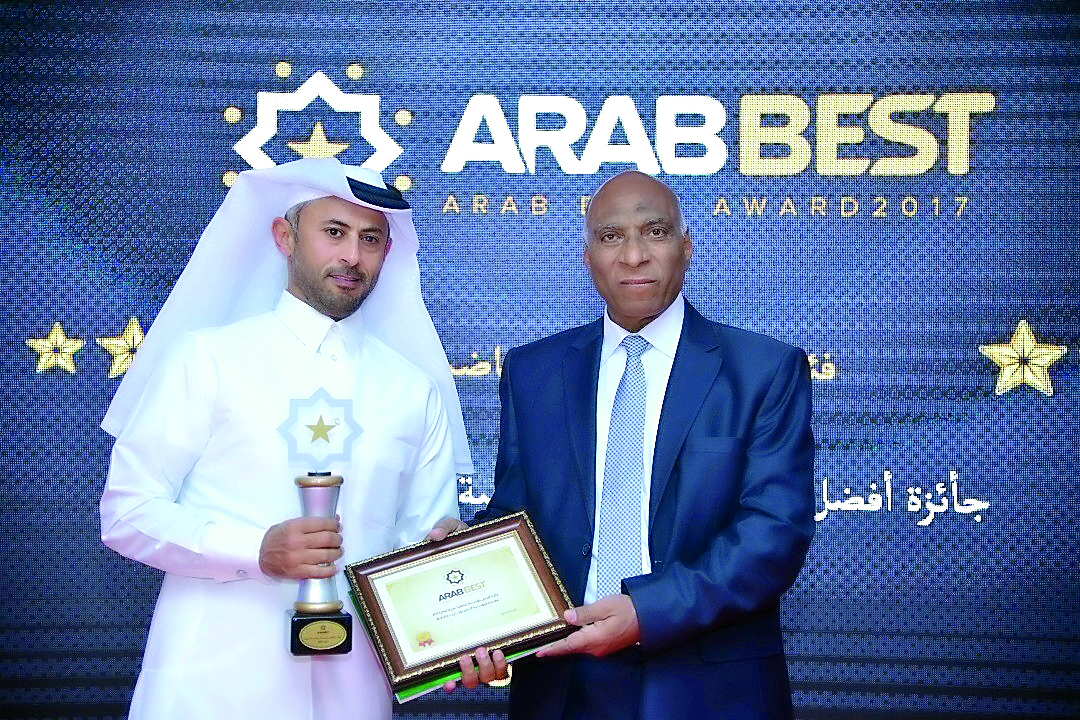 Mohammed Khalifa Al Suwaidi (left), Aspire Zone Foundation’s Chief Executive Officer receiving the Best Sports Organisation 2017 award during the second Arab Best Award Ceremony held in Marrakesh, Morocco on Monday.