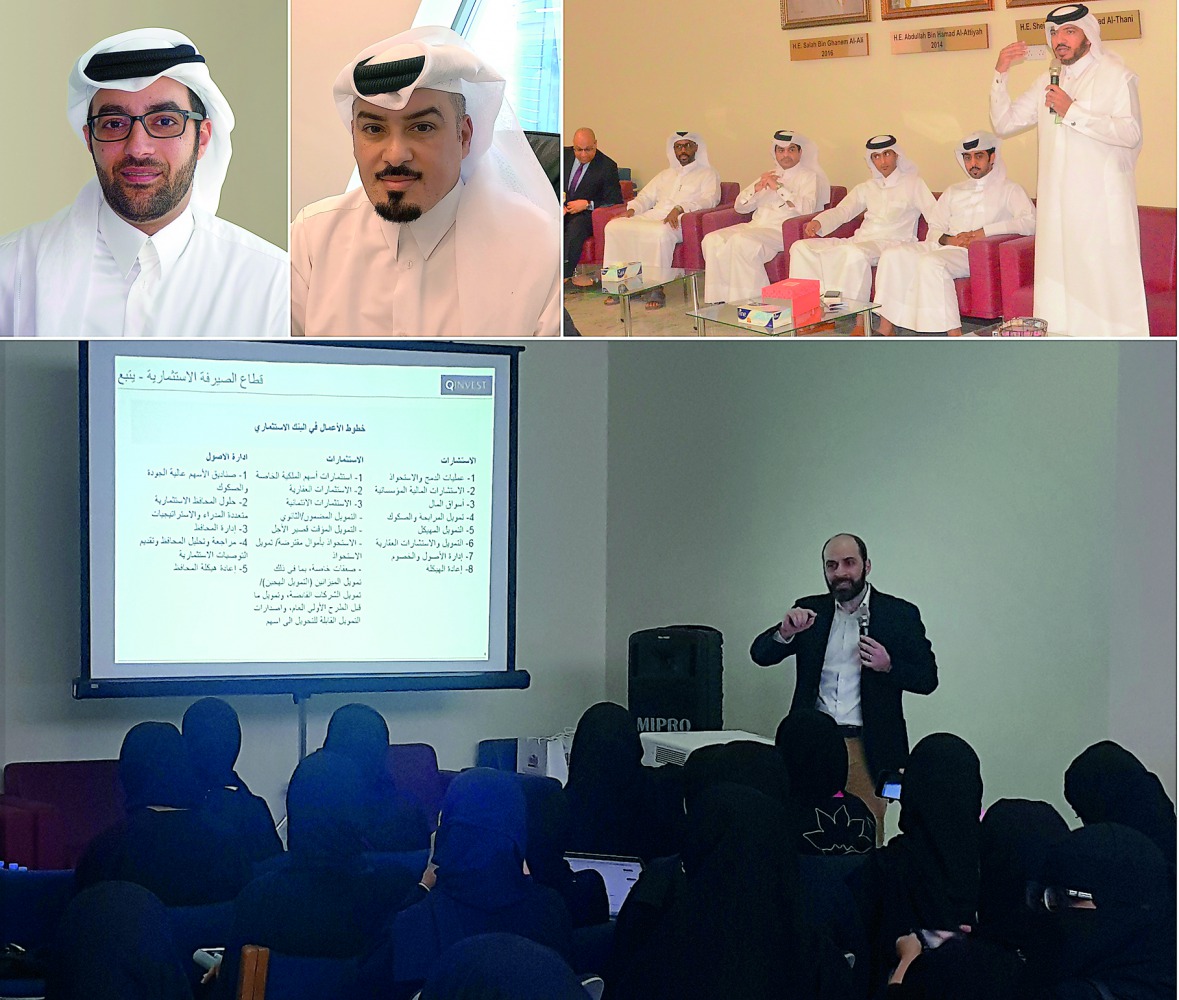 FROM TOP LEFT:  Tamim Al Kawari, Chief Executive Officer of QInvest; Essa Al Kawari, Head of Government & Community Relations and Administration Affairs at QInvest; Dr Khaled Shams, Dean of the College of Business and Economics, addressing at the meeting.
