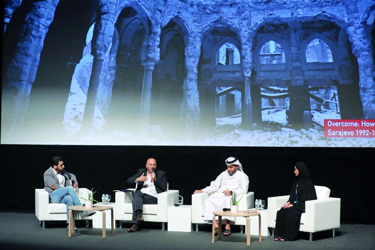 Moeed Ahmad, Mirsad Purivatra, Abdulaziz Youssef and Shoug Shaheen speak on stage during the talks on ‘Overcome: How art beats adversity’ at Ajyal Youth Film Festival in Doha. 