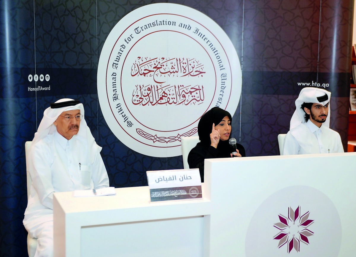 Saleh Ghareeb (left), Hanan Al Fayad (center) and Asaad Al Zafery officials during a press conference of SHATIU 2017 at Doha International book fair yesterday.
Pic: Abdul Basit / The Peninsula 