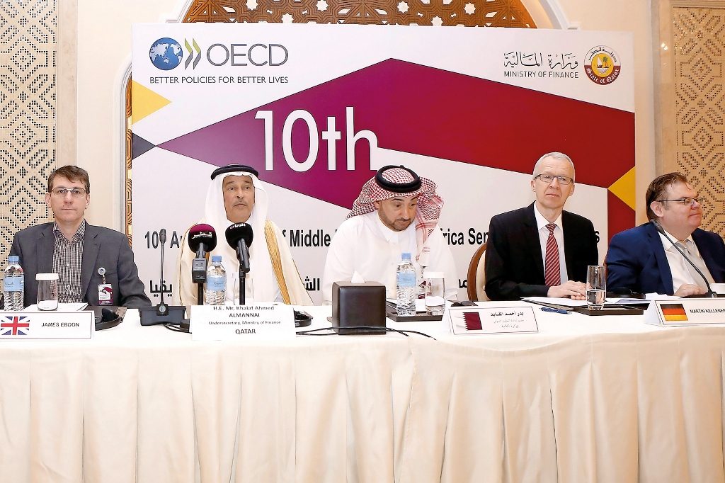 Khalaf bin Ahmed Al Mannai, Undersecretary of the Ministry of Finance Qatar (second left) with other officials at the opening session of the 10th Annual Meeting of the Middle East and North Africa Senior Budget Officials in Doha yesterday. (Pic: Abdul Bas