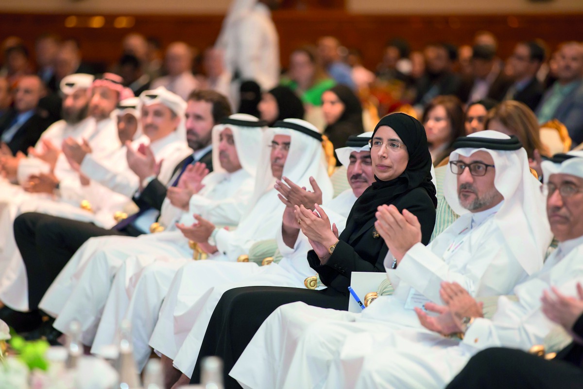 Minister of Public Health H E Dr Hanan Mohamed Al Kuwari and Minister of Transport and Communications H E Jassim bin Saif Ahmed Al Sulaiti along with other dignitaries at the HIMSS Qatar Educational Conference and Health IT Exhibition.