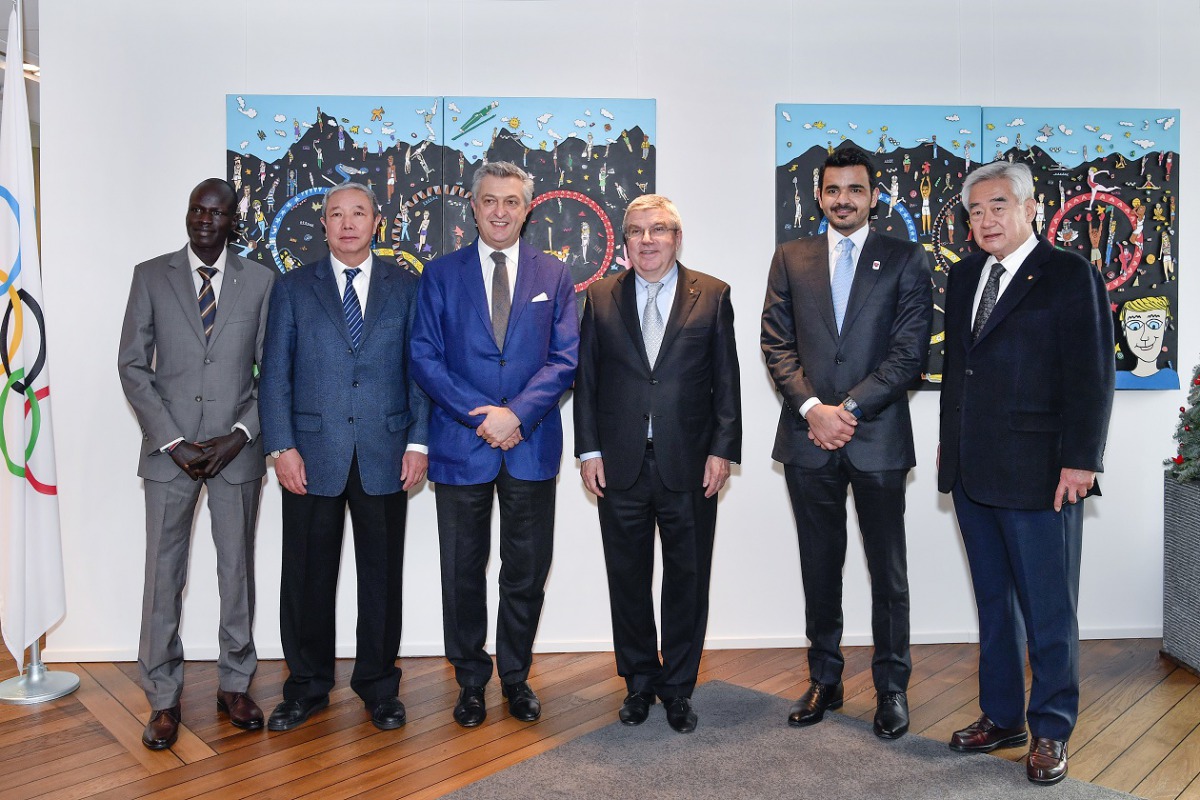The President of the Qatar Olympic Committee, H E Sheikh Joaan bin Hamad Al Thani (second right), with other officials during the inaugural Board meeting of the Olympic Refuge Foundation at the International Olympic Committee Session in Lima. 