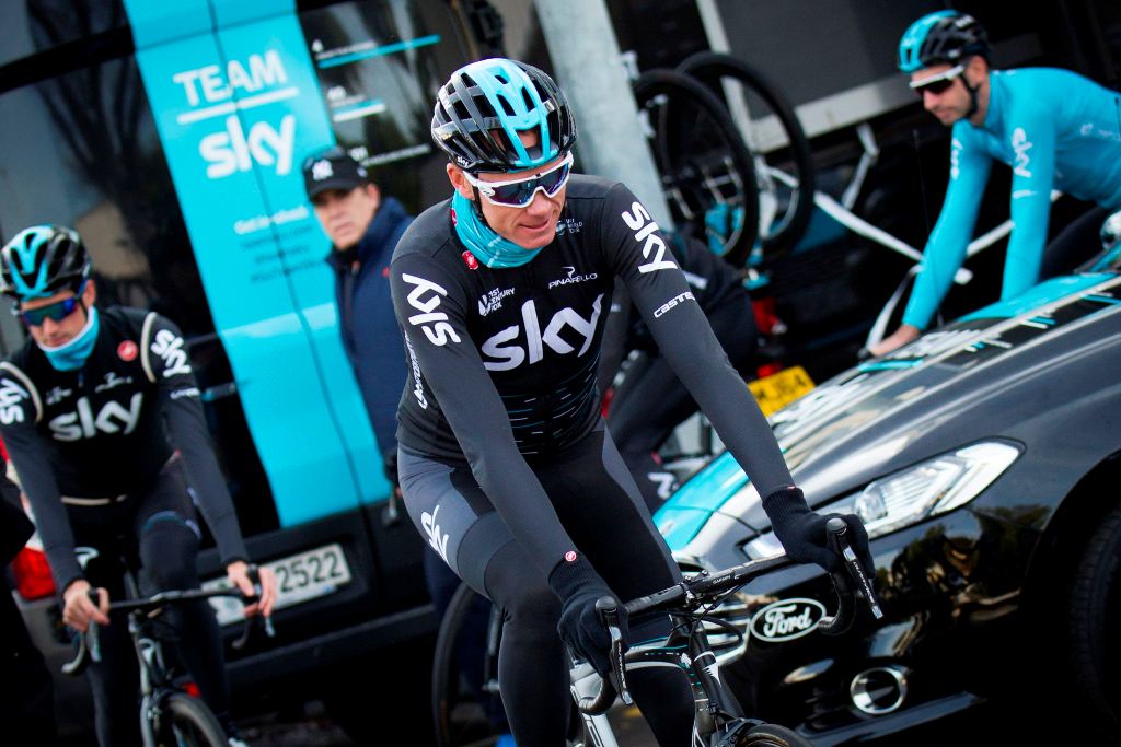 British cyclist Chris Froome of Sky Team heads to a training session in Port de Alcudia on the Spanish island of Mallorca on December 14, 2017.  AFP / JAIME REINA