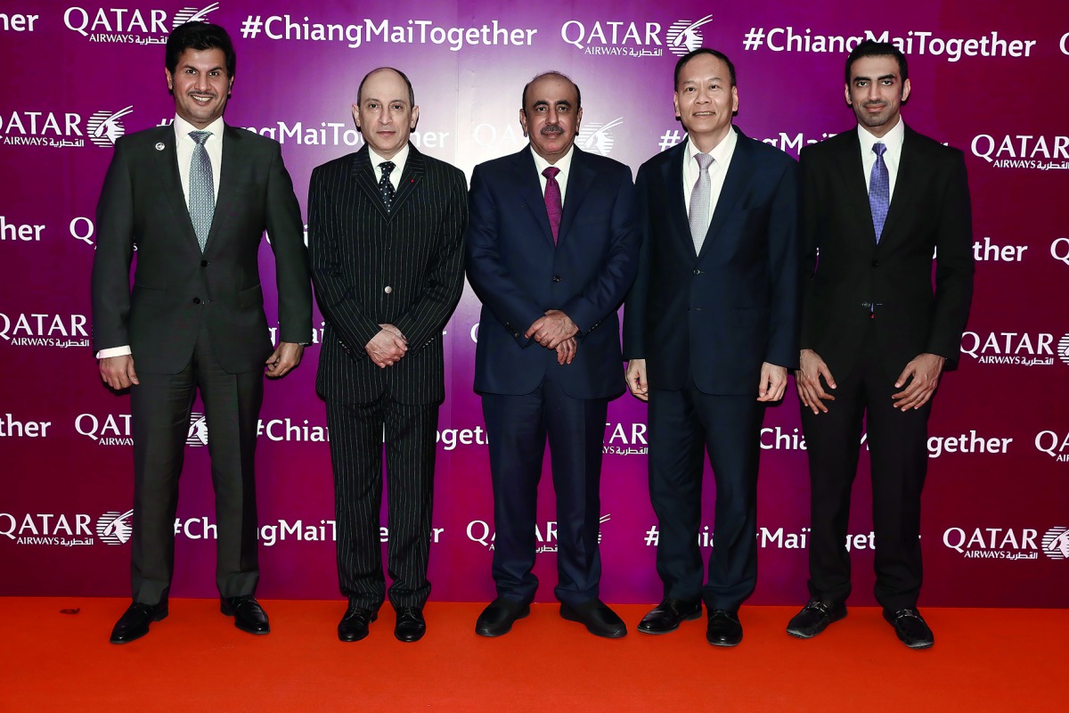 Minister of Transport and Communications, H E Jassim bin Saif Al Sulaiti (third right), and Qatar Airways Group Chief Executive, Akbar Al Baker (second left), with other officials during the gala dinner.
