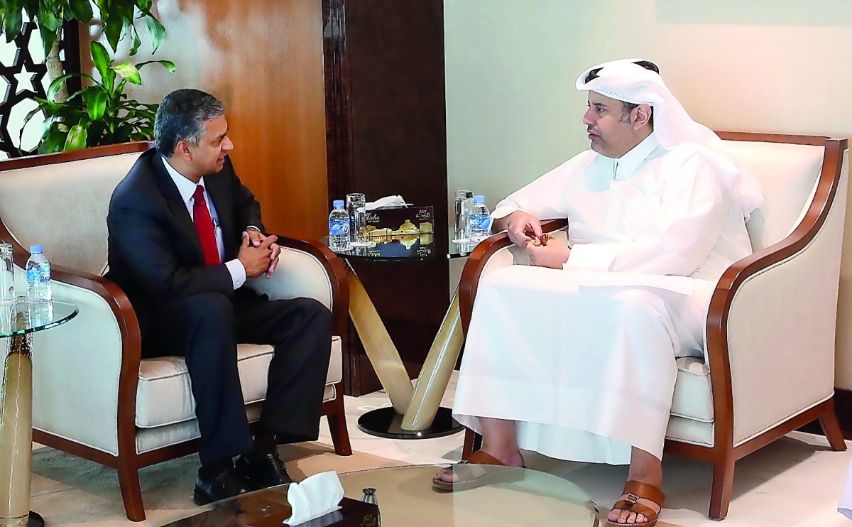 Minister of Economy and Commerce H E Sheikh Ahmed bin Jassim Al Thani with India’s Ambassador to Qatar, P. Kumaran, yesterday.