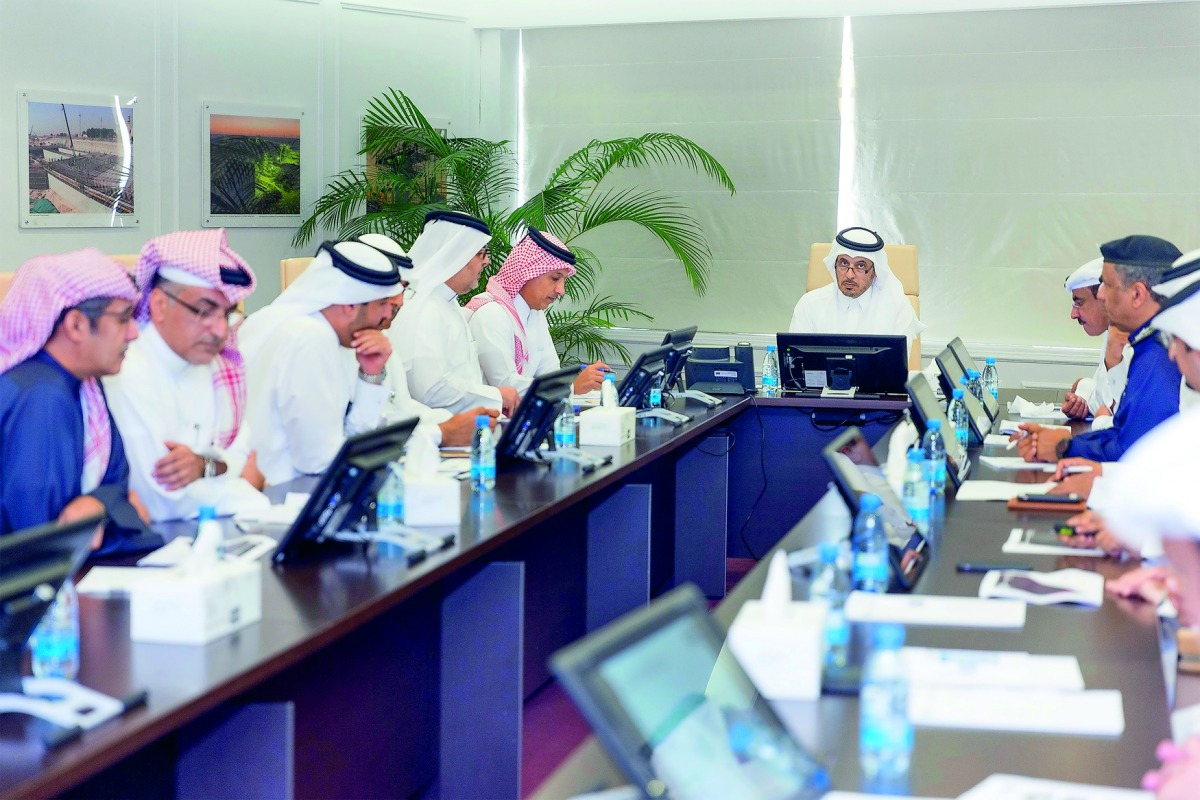 Prime Minister and Interior Minister H E Sheikh Abdullah bin Nasser bin Khalifa Al Thani chairing a meeting at the headquarters of Public Works Authority (Ashghal), yesterday.