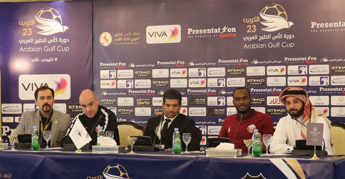 Qatar coach Felix Sanchez (second left) on Thursday addresses a press conference ahead of his team's Gulf Cup match against Bahrain on Friday. Qatar player Abdulkareem Hassan (second right) is also seen. Qatar are the defending champions of the tournament