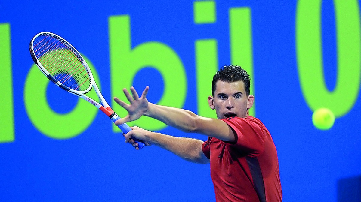 Austrian top seed Dominic Thiem hits a return to Russia’s Evgeny Donskoy during their Qatar ExxonMobil Open first round match played at  the Khalifa International Tennis and Squash Complex in Doha yesterday.
Pic: Salim Matramkot/The Peninsula