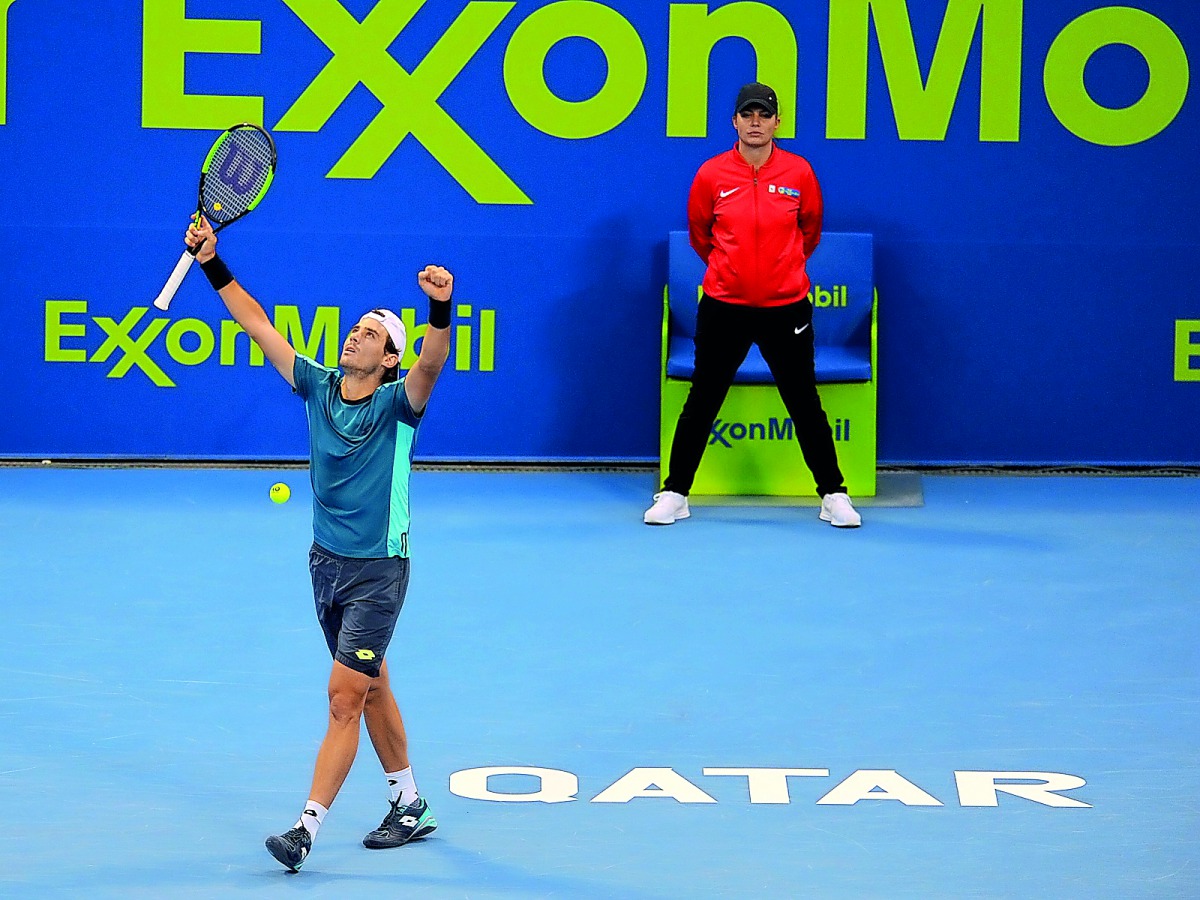 Guido Pella of Argentina  celebrates his victory over Bosnian Mirza Basic. Pic: Salim Matramkot/The Peninsula