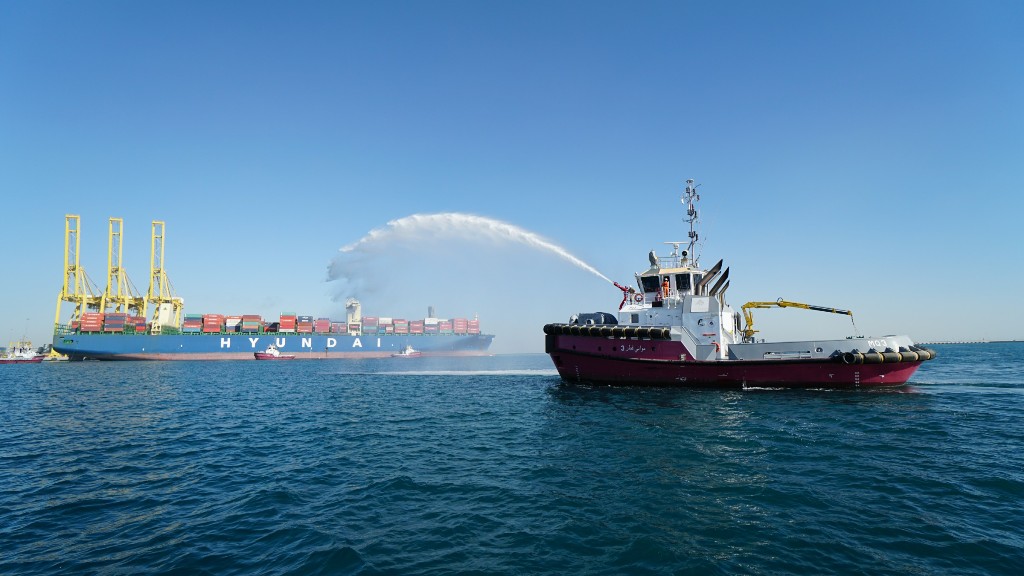 ‘Hyundai Drive’, the largest container ship, makes its first call at Hamad Port yesterday.
