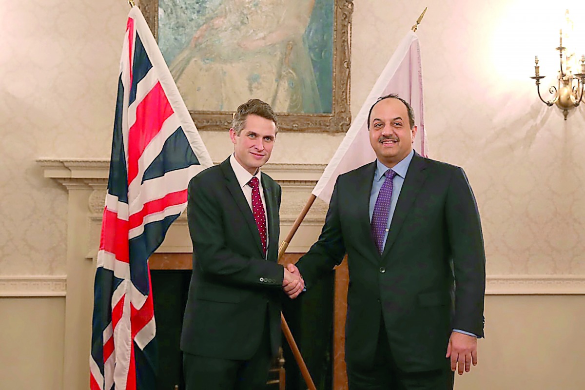 Deputy Prime Minister and Minister of State for Defence Affairs H E Dr Khalid bin Mohamed AI Attiyah with Gavin Williamson, UK Secretary of State for Defence in London yesterday.