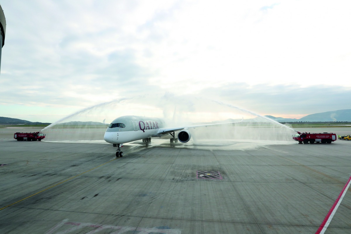 The Airbus A350 greeted with a water canon salute at Athens International Airport, yesterday.