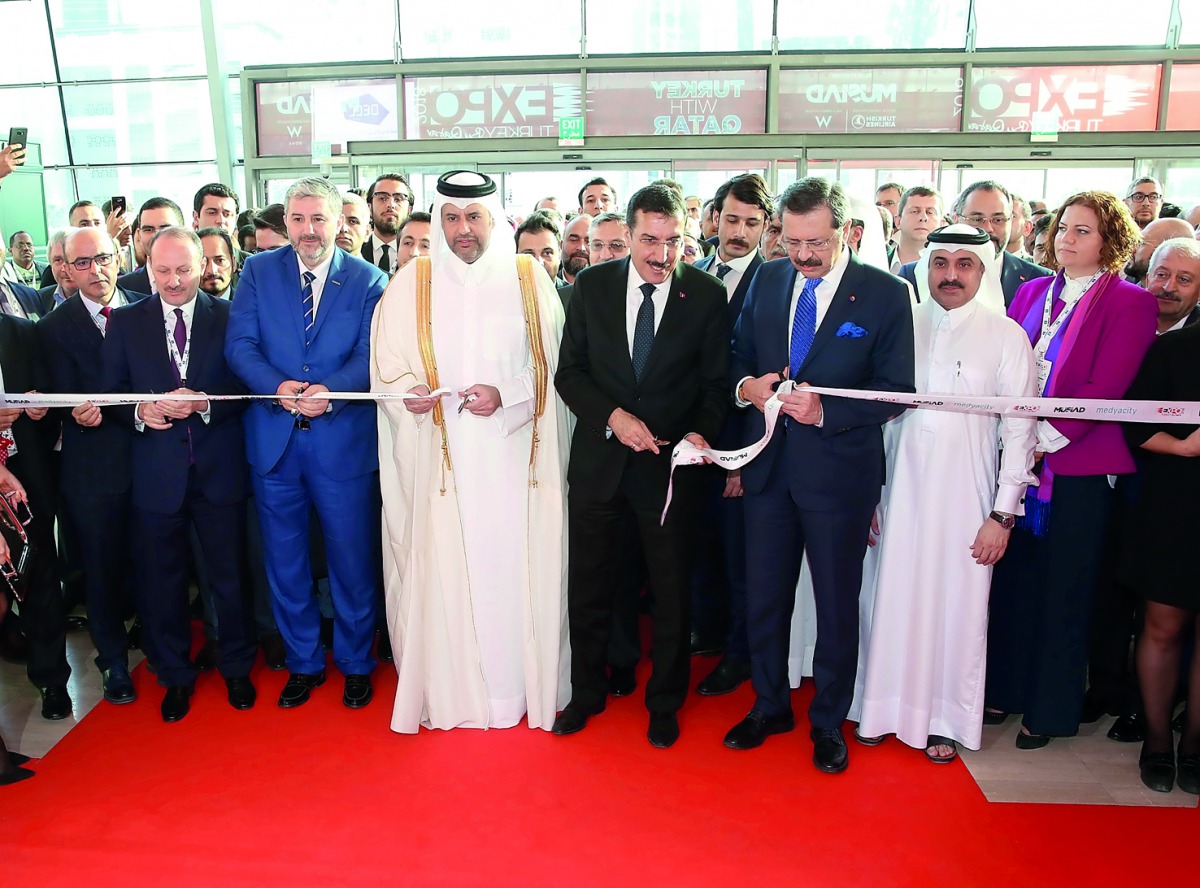 Minister of Economy and Commerce, H E Sheikh Ahmed bin Jassim Al Thani (fourth left), and other dignitaries from Turkey and Qatar at the opening ceremony of Expo Turkey by Qatar at the Doha Exhibition and Convention Center, yesterday.