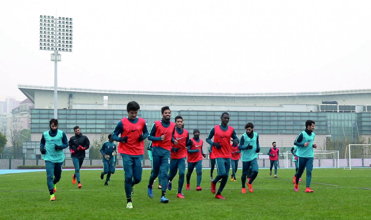 Qatar Under-23 football team players taking part in a training session ahead of their AFC Asian Cup Under-23 quarterfinal match against Palestine on Friday.