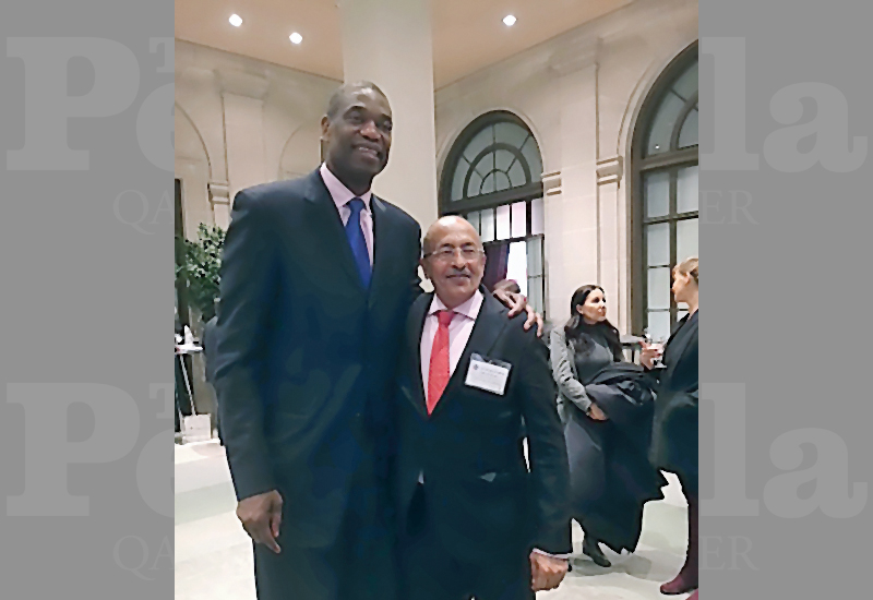 Qatar Chamber Board member Adel Al Mannai (right) with Dikembe Mutombo, NBA legend, on the sidelines of Securing Sport 2018 event in Washington DC, the US.