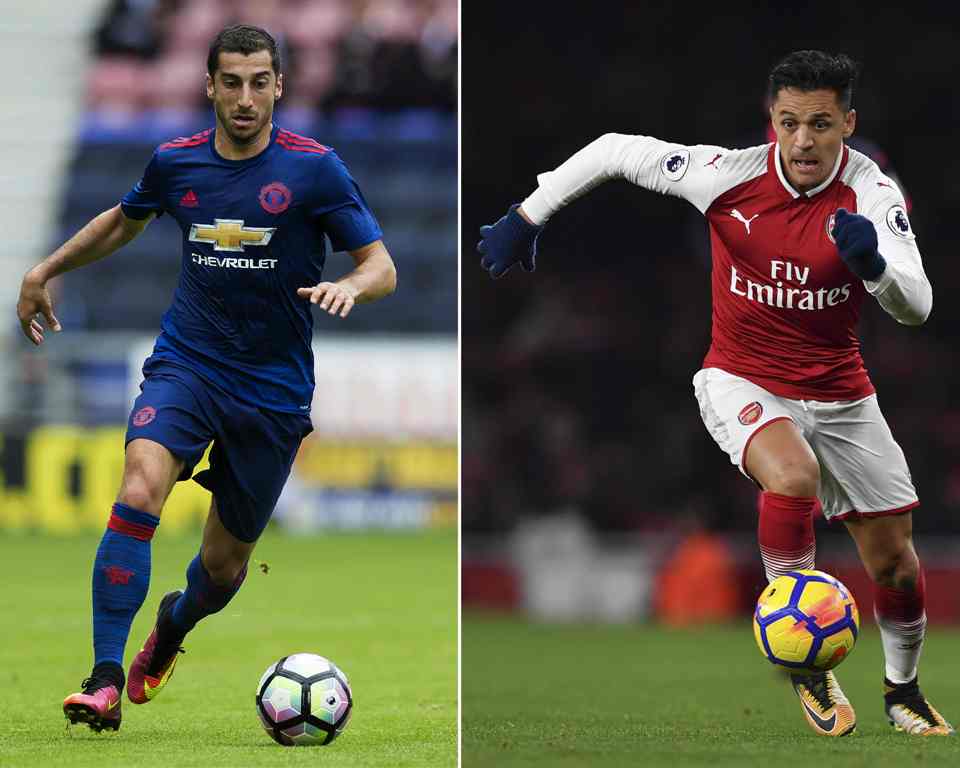 A combination image shows Manchester United's Armenian midfielder Henrikh Mkhitaryan (L) and Arsenal's Chilean striker Alexis Sanchez.  AFP / JON SUPER
