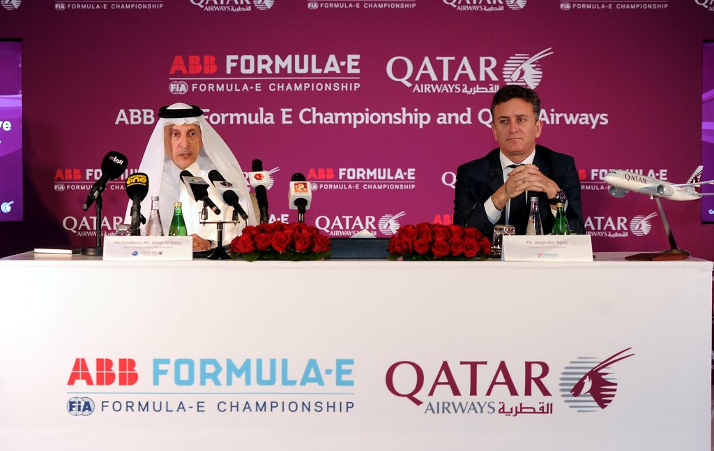 Akbar Al Baker, (left) Qatar Airways Group Chief Executive and Alejandro Agag Chief Executive Officer ABB FIA formula E Championship during the Press Conference in Doha. Photo: Abdul Basit © The Peninsula